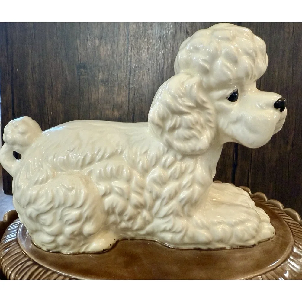 VTG Poodle Dog  On Brown Basket Ceramic Cookie Jar Bowl Planter Candy Dish
